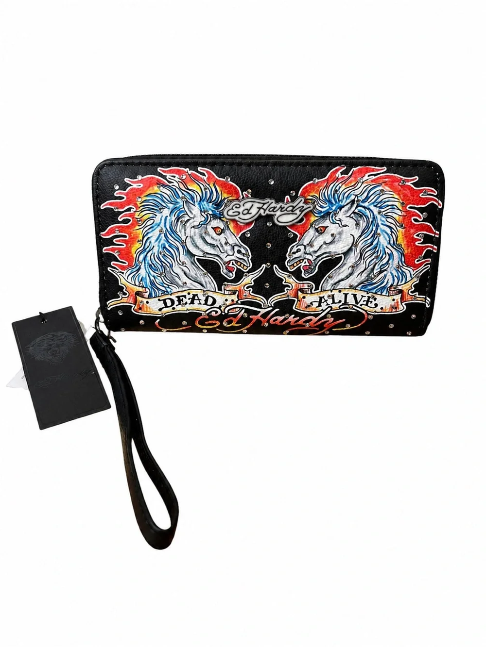 Ed Hardy Dead Alive Horse Rhinestone Zip Around Wristlet Wallet Y2K NWT
